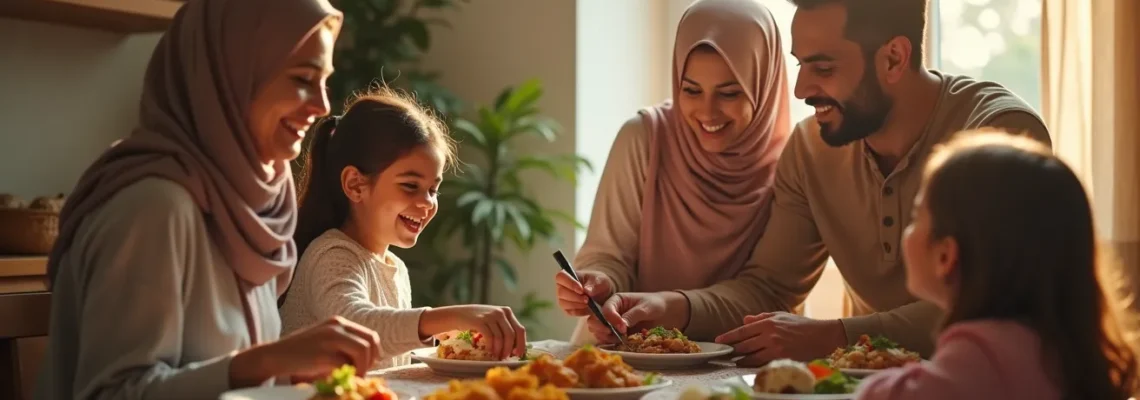 Famille musulmane avec enfants partageant un repas chaleureux ensemble, atmosphère bienveillante et conviviale