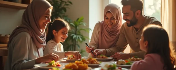 Famille musulmane avec enfants partageant un repas chaleureux ensemble, atmosphère bienveillante et conviviale