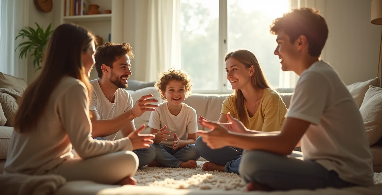 Famille réunie dans un salon lumineux, parents et enfants en cercle échangeant et discutant ensemble dans une atmosphère chaleureuse