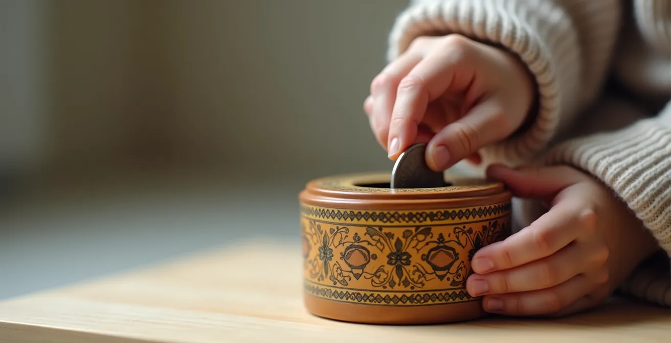 Mains d'enfant déposant une pièce dans une tirelire décorée, geste de générosité et d'apprentissage du don