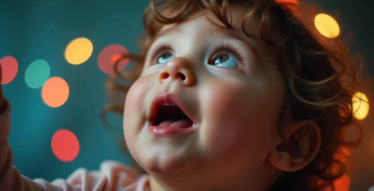 Gros plan sur le visage émerveillé d'un enfant regardant vers le haut