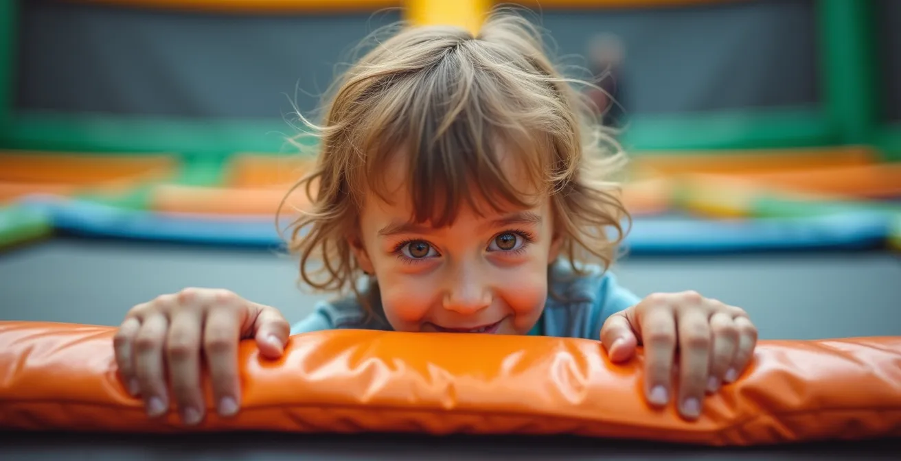 Enfant hésitant au bord d'un trampoline avec un sourire naissant, encouragé doucement