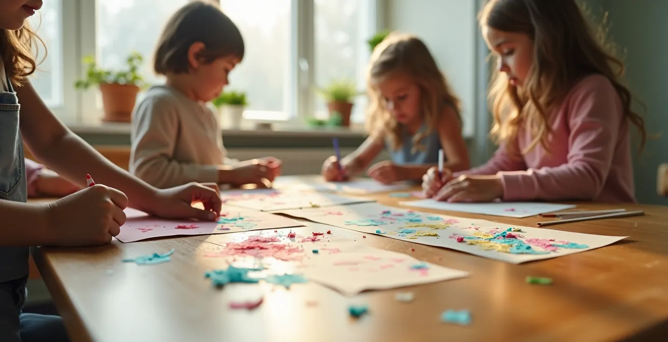 Groupe d'enfants concentrés autour d'une table faisant une activité manuelle créative
