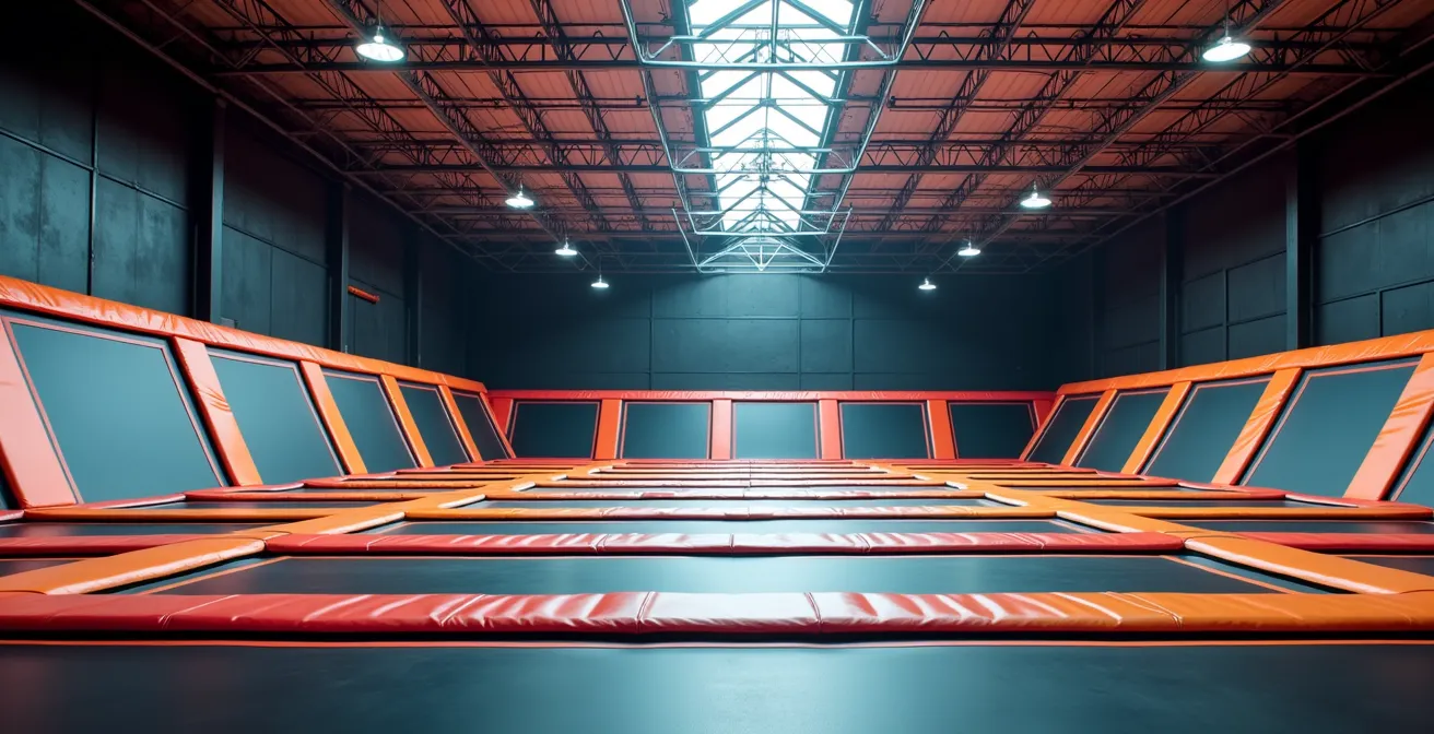 Vue large d'un espace de trampolines colorés avec architecture moderne