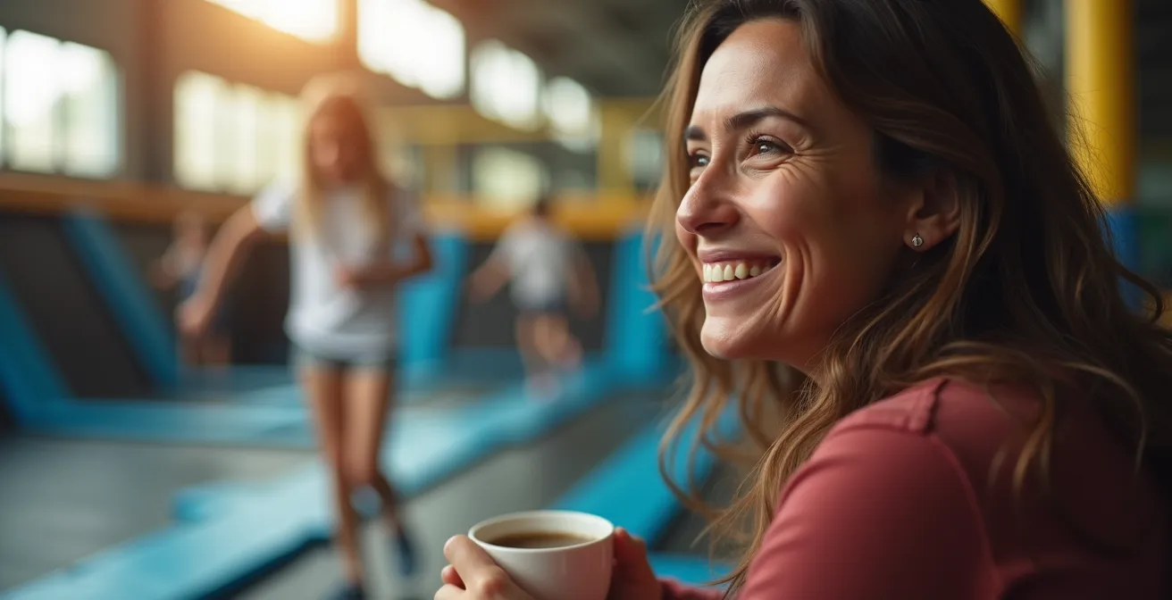 Parent souriant assis confortablement observant son enfant sauter sur les trampolines