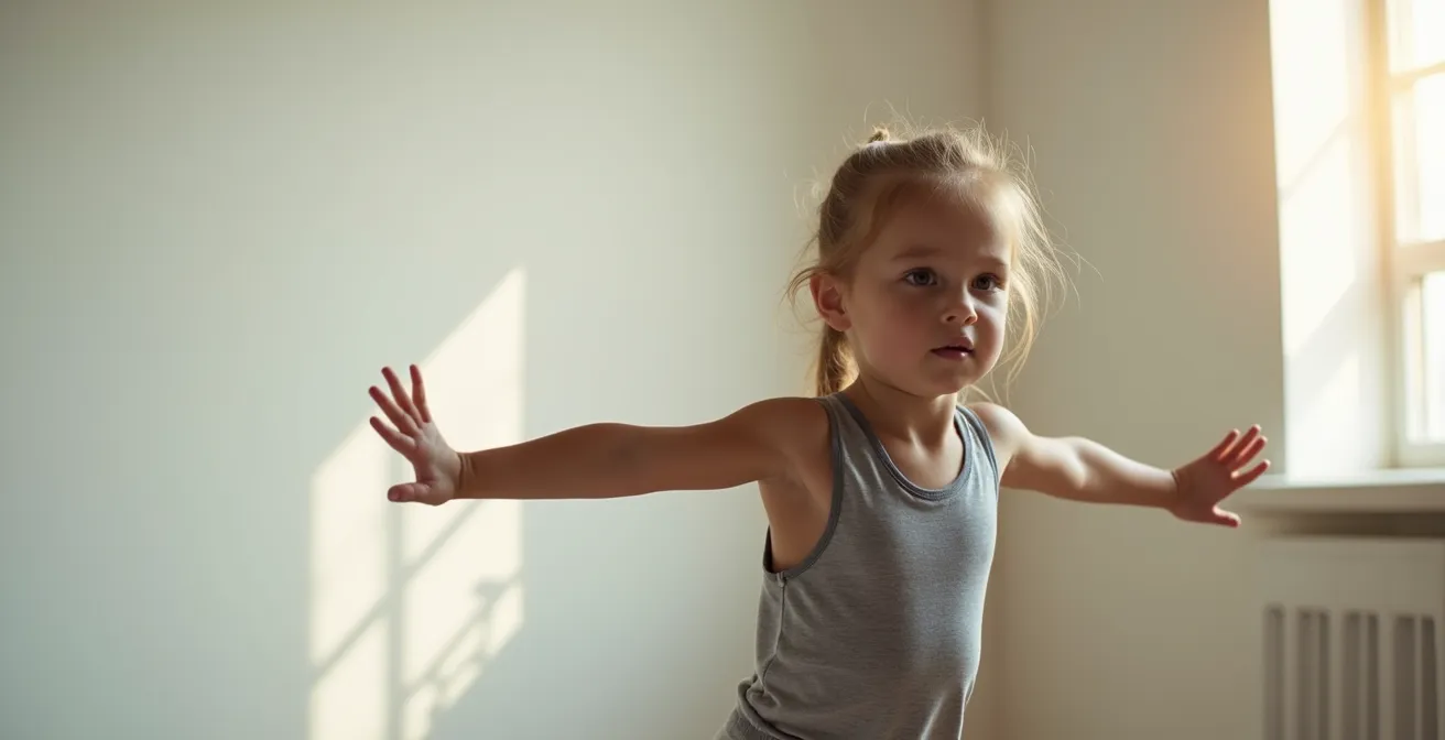 Enfant concentré maintenant son équilibre sur un trampoline