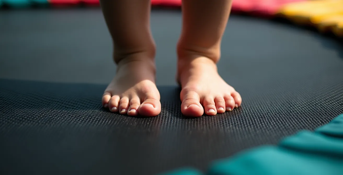 Gros plan sur les pieds d'un enfant sur la toile élastique d'un trampoline