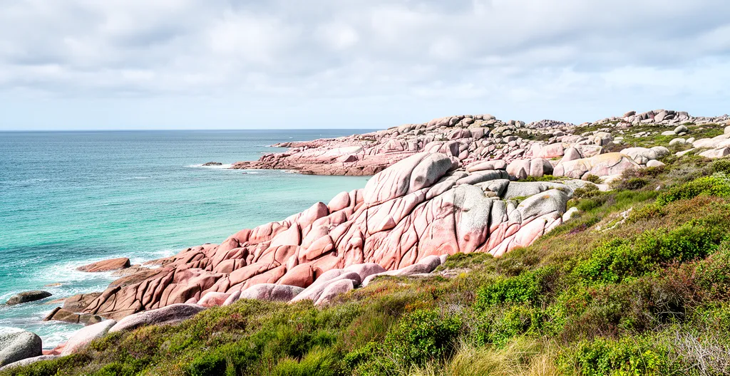 Côte de Granit Rose avec rochers roses et mer turquoise sous ciel breton