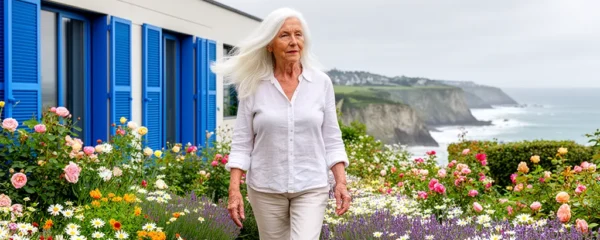 Femme senior marchant dans un jardin fleuri de résidence avec bâtiment aux volets bleus en arrière-plan
